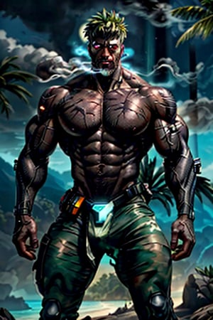 cyborg, handsome, cybernetic implants, detailed glowing eyes, muscles, scars on the body from assimilation by machines, nanotubes transmitting assimilation nanites inserted into their necks by a drone, heavily damaged tight tactical pants with tactical belt, topless, short beard, hairy, cybernetic arm, venis, light smoke, ((tropical island)), day, post-apocalyptic beach background, ((detailed face)), HDR, 8k, horror, photy by greg rutkowski,hairyalpha