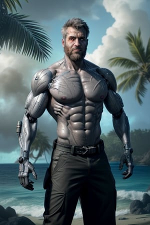 cyborg, handsome, cybernetic implants, detailed glowing eyes, muscles, scars on the body from assimilation by machines, nanotubes transmitting assimilation nanites inserted into their necks by a drone, heavily damaged tight tactical pants with tactical belt, topless, short beard, hairy, cybernetic arm, venis, light smoke, ((tropical island)), day, post-apocalyptic beach background, ((detailed face)), HDR, 8k, horror, photy by greg rutkowski,hairyalpha