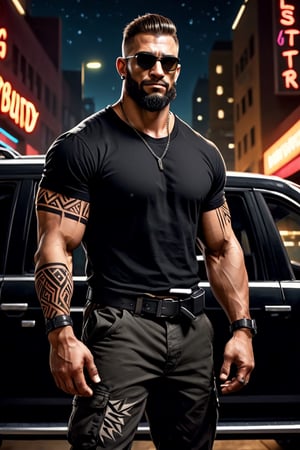 (masterpiece), handsome, arogant, smirk, young, bodyguard, bara, muscular, massive pecs, massive arms, long beard, ((full body black tribal tattoo)), short hair, black cargo pants with black belt, ((black slim bodyguard t-shirt)), sunglass,, ((detalied face)), ((detailed eyes)), night, black suv car in the background, night club entrance background, looking at viewer, Cinematic Lighting,Movie Still,colorful