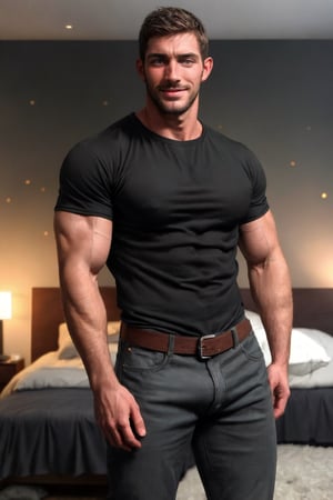 photo of muscular chris redfield in a worn ((soft black t-shirt, massive hairy pecs)), big pecs, big arms, large bulge, ((light bokeh)), intricate, (steel metal [rust]), elegant, erotic, exuding sexual energy, homoerotic, sharp focus, photo by greg rutkowski, soft lighting, vibrant colors, (masterpiece), ((modern bedroom)), (detailed face), looking at viewer, (handsome face: 1.5), brushed up hairs, light smile, wide open eyes, big beard, venis, jeans pants with leather belt,black-color,