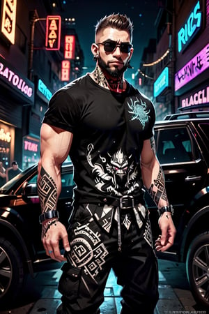 (masterpiece), handsome, arogant, smirk, young, bodyguard, bara, muscular, massive pecs, massive arms, long beard, ((full body black tribal tattoo)), short hair, black cargo pants with black belt, ((black slim bodyguard t-shirt)), sunglass,, ((detalied face)), ((detailed eyes)), night, black suv car in the background, night club entrance background, looking at viewer, Cinematic Lighting