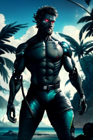 cyborg, handsome, cybernetic implants, detailed glowing eyes, muscles, scars on the body from assimilation by machines, nanotubes transmitting assimilation nanites inserted into their necks by a drone, heavily damaged tight tactical pants with tactical belt, topless, short beard, hairy, cybernetic arm, venis, light smoke, ((tropical island)), day, post-apocalyptic beach background, ((detailed face)), HDR, 8k, horror, photy by greg rutkowski,hairyalpha