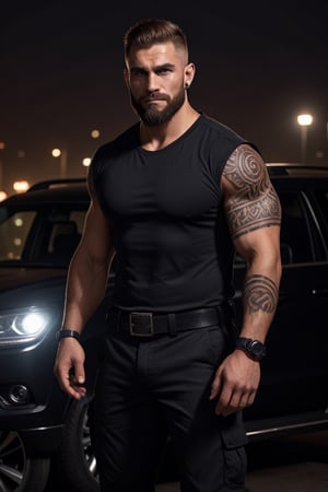 (masterpiece), handsome, arogant, smirk, young, bodyguard, bara, muscular, massive pecs, massive arms, long beard, ((full body black tribal tattoo)), short hair, black cargo pants with black belt, ((black slim bodyguard casual shirt)), ((detalied face)), ((detailed eyes)), night, black suv car in the background, night club entrance background, looking at viewer, Cinematic Lighting,Movie Still,colorful,<lora:659095807385103906:1.0>