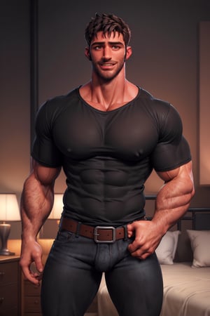 photo of muscular chris redfield in a worn ((soft black t-shirt, massive hairy pecs)), big pecs, big arms, large bulge, ((light bokeh)), intricate, (steel metal [rust]), elegant, erotic, exuding sexual energy, homoerotic, sharp focus, photo by greg rutkowski, soft lighting, vibrant colors, (masterpiece), ((modern bedroom)), (detailed face), looking at viewer, (handsome face: 1.5), brushed up hairs, light smile, wide open eyes, beard, jeans pants with leather belt,black-color