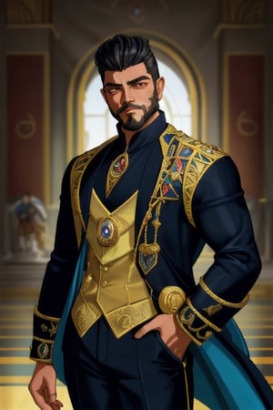 handsome Latino male, emperor of skarland, ((detalied face)), ((detalied eyes)), painting, Intricate, Sharp focus, dramatic, portrait, elegant suite pants, elegant jacket, muscular, short beard, elegant pose, royal palace hall background, professional,1boy