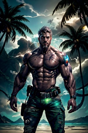 cyborg, handsome, cybernetic implants, detailed glowing eyes, muscles, scars on the body from assimilation by machines, nanotubes transmitting assimilation nanites inserted into their necks by a drone, heavily damaged tight tactical pants with tactical belt, topless, short beard, hairy, cybernetic arm, venis, light smoke, ((tropical island)), day, post-apocalyptic beach background, ((detailed face)), HDR, 8k, horror, photy by greg rutkowski,hairyalpha