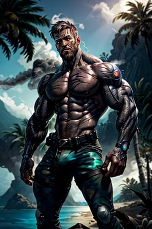 cyborg, handsome, cybernetic implants, detailed glowing eyes, muscles, scars on the body from assimilation by machines, nanotubes transmitting assimilation nanites inserted into their necks by a drone, heavily damaged tight tactical pants with tactical belt, topless, short beard, hairy, cybernetic arm, venis, light smoke, ((tropical island)), day, post-apocalyptic beach background, ((detailed face)), HDR, 8k, horror, photy by greg rutkowski,hairyalpha