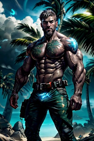 cyborg, handsome, cybernetic implants, detailed glowing eyes, muscles, scars on the body from assimilation by machines, nanotubes transmitting assimilation nanites inserted into their necks by a drone, heavily damaged tight tactical pants with tactical belt, topless, short beard, hairy, cybernetic arm, venis, light smoke, ((tropical island)), day, post-apocalyptic beach background, ((detailed face)), HDR, 8k, horror, photy by greg rutkowski, the best quality,