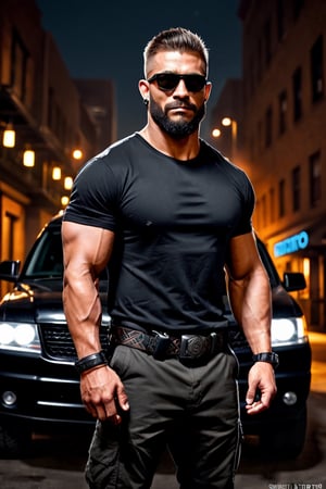 (masterpiece), handsome, arogant, smirk, young, bodyguard, bara, muscular, massive pecs, massive arms, long beard, ((full body black tribal tattoo)), short hair, black cargo pants with black belt, ((black slim bodyguard t-shirt)), sunglass,, ((detalied face)), ((detailed eyes)), night, black suv car in the background, night club entrance background, looking at viewer, Cinematic Lighting,Movie Still