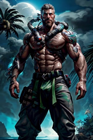 cyborg, handsome, cybernetic implants, detailed glowing eyes, muscles, scars on the body from assimilation by machines, nanotubes transmitting assimilation nanites inserted into their necks by a drone, heavily damaged tight tactical pants with tactical belt, topless, short beard, hairy, cybernetic arm, venis, light smoke, ((tropical island)), day, post-apocalyptic beach background, ((detailed face)), HDR, 8k, horror, photy by greg rutkowski,hairyalpha