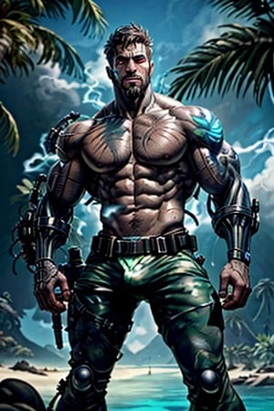 cyborg, handsome, cybernetic implants, detailed glowing eyes, muscles, scars on the body from assimilation by machines, nanotubes transmitting assimilation nanites inserted into their necks by a drone, heavily damaged tight tactical pants with tactical belt, topless, short beard, hairy, cybernetic arm, venis, light smoke, ((tropical island)), day, post-apocalyptic beach background, ((detailed face)), HDR, 8k, horror, photy by greg rutkowski, the best quality,