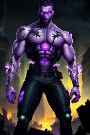 cyborg, handsome, cybernetic implants, ((detailed glowing purple eyes)), muscles, scars on the body from assimilation by machines, heavily damaged tactical pants with tactical belt, topless, short beard, hairy, cybernetic arms, exposed titanium skeleton, nanites in venis, smoke, huge flames, destroyed city, dark night, post-apocalyptic background, detailed face, HDR, 8k, horror, photy by greg rutkowski