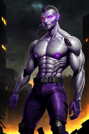 cyborg, handsome, cybernetic implants, ((detailed glowing purple eyes)), muscles, exposed titanium skeleton, grey skin, heavily damaged tactical pants with tactical belt, topless, short beard, hairy, cybernetic arms, nanites in venis, smoke, huge flames, destroyed city, dark night, post-apocalyptic background, detailed face, HDR, 8k, horror, photy by greg rutkowski