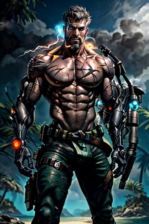 cyborg, handsome, cybernetic implants, detailed glowing eyes, muscles, scars on the body from assimilation by machines, nanotubes transmitting assimilation nanites inserted into their necks by a drone, heavily damaged tight tactical pants with tactical belt, topless, short beard, hairy, cybernetic arm, venis, light smoke, ((tropical island)), day, post-apocalyptic beach background, ((detailed face)), HDR, 8k, horror, photy by greg rutkowski,hairyalpha