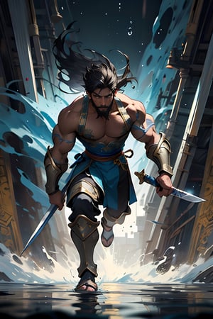 1man, masterpiece, best quality, detailed background, muscular male,looking at viewer, beard, detailed eyes, beautiful eyes,fit body,warrior in traditional wushu attire with blue metallic leg armor, wielding a long sword, The figure is muscular and well-proportioned, set against a Gustav Klimt-inspired abstract art panel,contour lighting and water droplets add depth,Flowing blue ribbons with an aged texture swirl around him,The composition blends whimsical hand-drawn elements with a touch of realism, portraying the warrior in a divine, heroic, and graceful stance,The overall style has an ink painting feel, with a palette of soft colors,
depth of field,