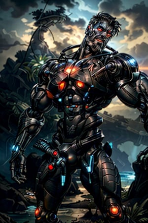 cyborg, handsome, cybernetic implants, detailed glowing eyes, muscles, scars on the body from assimilation by machines, nanotubes transmitting assimilation nanites inserted into their necks by a drone, heavily damaged tight tactical pants with tactical belt, topless, short beard, hairy, cybernetic arm, venis, light smoke, ((tropical island)), day, post-apocalyptic beach background, ((detailed face)), HDR, 8k, horror, photy by greg rutkowski, the best quality