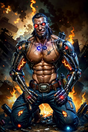 ((young Max Payne transformed by a machine into a cyborg)), muscular, massive pecs, massive arms, shirtless, worn out tactical pants with belt and gun, kneeling on the street, ((grimace of pain)), ((massive body hair)), ((long beard)), ((short hair)), tropical island, destroyed city, big smoke, big flames, post-apocalypse, ((face details, eye details)), ((glowing eyes)), horror, looks at the viewer