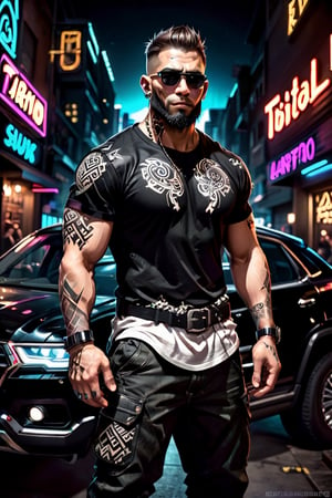 (masterpiece), handsome, arogant, smirk, young, bodyguard, bara, muscular, massive pecs, massive arms, long beard, ((full body black tribal tattoo)), short hair, black cargo pants with black belt, ((black slim bodyguard t-shirt)), sunglass,, ((detalied face)), ((detailed eyes)), night, black suv car in the background, night club entrance background, looking at viewer, Cinematic Lighting