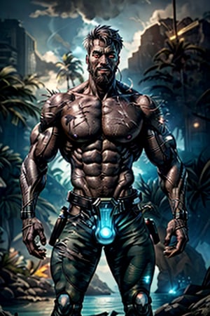 cyborg, handsome, cybernetic implants, detailed glowing eyes, muscles, scars on the body from assimilation by machines, nanotubes transmitting assimilation nanites inserted into their necks by a drone, heavily damaged tight tactical pants with tactical belt, topless, short beard, hairy, cybernetic arm, venis, light smoke, ((tropical island)), day, post-apocalyptic beach background, ((detailed face)), HDR, 8k, horror, photy by greg rutkowski, the best quality