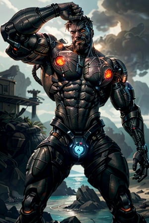 cyborg, handsome, cybernetic implants, detailed glowing eyes, muscles, scars on the body from assimilation by machines, nanotubes transmitting assimilation nanites inserted into their necks by a drone, heavily damaged tight tactical pants with tactical belt, topless, short beard, hairy, cybernetic arm, venis, light smoke, ((tropical island)), day, post-apocalyptic beach background, ((detailed face)), HDR, 8k, horror, photy by greg rutkowski, the best quality