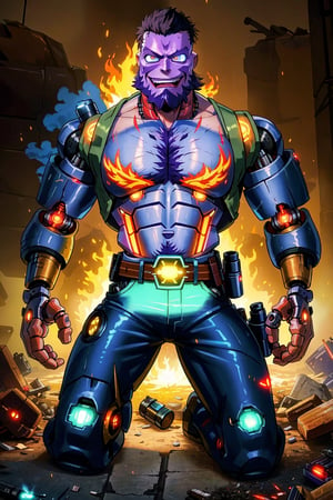 ((young Max Payne transformed by a machine into a cyborg)), muscular, massive pecs, massive arms, shirtless, worn out tactical pants with belt and gun, kneeling on the street, ((grimace of pain)), ((massive body hair)), ((long beard)), ((short hair)), tropical island, destroyed city, big smoke, big flames, post-apocalypse, ((face details, eye details)), ((glowing eyes)), horror, looks at the viewer,(1man)