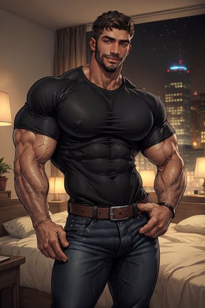 photo of muscular chris redfield in a worn ((soft black t-shirt, massive hairy pecs)), big pecs, big arms, large bulge, ((light bokeh)), intricate, (steel metal [rust]), elegant, erotic, exuding sexual energy, homoerotic, sharp focus, photo by greg rutkowski, soft lighting, vibrant colors, (masterpiece), ((modern bedroom)), (detailed face), looking at viewer, (handsome face: 1.5), brushed up hairs, light smile, wide open eyes, beard, jeans pants with leather belt