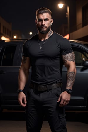 (masterpiece), handsome, arogant, smirk, young, bodyguard, bara, muscular, massive pecs, massive arms, long beard, ((full body black tribal tattoo)), short hair, black cargo pants with black belt, ((black slim bodyguard casual shirt)), ((detalied face)), ((detailed eyes)), night, black suv car in the background, night club entrance background, looking at viewer, Cinematic Lighting,Movie Still,colorful,<lora:659095807385103906:1.0>