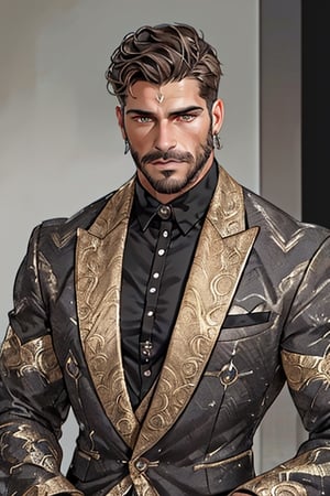 handsome male Latino, king of skarland, contemporary, ((detalied face)), ((detalied eyes)), painting, Intricate, Sharp focus, dramatic, portrait, elegant suite pants, elegant suite jacket, muscular, short beard, professional,1boy,handsome male,Miguel