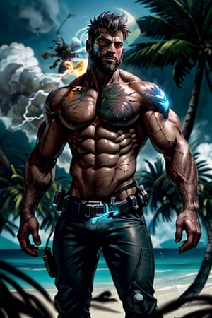 cyborg, handsome, cybernetic implants, detailed glowing eyes, muscles, scars on the body from assimilation by machines, nanotubes transmitting assimilation nanites inserted into their necks by a drone, heavily damaged tight tactical pants with tactical belt, topless, short beard, hairy, cybernetic arm, venis, light smoke, ((tropical island)), day, post-apocalyptic beach background, ((detailed face)), HDR, 8k, horror, photy by greg rutkowski,hairyalpha