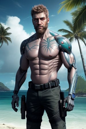 cyborg, handsome, cybernetic implants, detailed glowing eyes, muscles, scars on the body from assimilation by machines, nanotubes transmitting assimilation nanites inserted into their necks by a drone, heavily damaged tight tactical pants with tactical belt, topless, short beard, hairy, cybernetic arm, venis, light smoke, ((tropical island)), day, post-apocalyptic beach background, ((detailed face)), HDR, 8k, horror, photy by greg rutkowski,hairyalpha