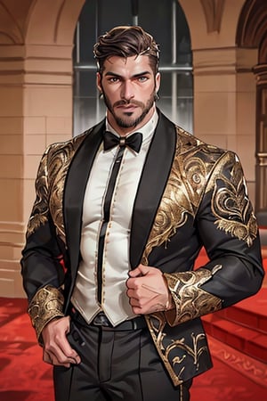 handsome male Latino, king of skarland, contemporary, ((detalied face)), ((detalied eyes)), painting, Intricate, Sharp focus, dramatic, portrait, elegant suite pants, elegant suite jacket, muscular, short beard, professional,1boy,handsome male,Miguel