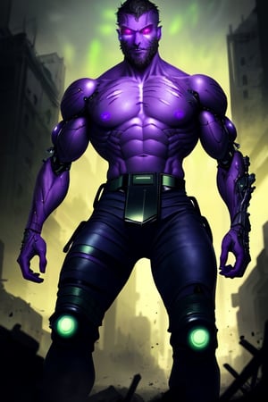 cyborg, handsome, cybernetic implants, ((detailed glowing purple eyes)), muscles, scars on the body from assimilation by machines, heavily damaged tactical pants with tactical belt, topless, short beard, hairy, cybernetic arms, exposed titanium skeleton, nanites in venis, smoke, huge flames, destroyed city, dark night, post-apocalyptic background, detailed face, HDR, 8k, horror, photy by greg rutkowski