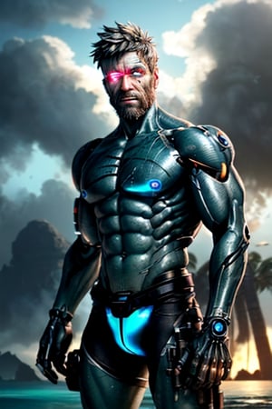 cyborg, handsome, cybernetic implants, detailed glowing eyes, muscles, scars on the body from assimilation by machines, nanotubes transmitting assimilation nanites inserted into their necks by a drone, heavily damaged tight tactical pants with tactical belt, topless, short beard, hairy, cybernetic arm, venis, light smoke, ((tropical island)), day, post-apocalyptic beach background, ((detailed face)), HDR, 8k, horror, photy by greg rutkowski,hairyalpha