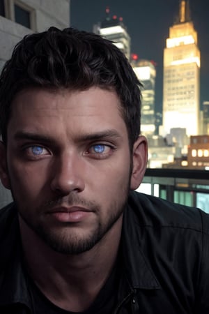 1boy, muscular chris redfield at a high-end rooftop bar, the stunning city skyline at night, sharp focus, photo by mark rockwell, dark intense lighting, vibrant colors, (masterpiece), (detailed face), ((detailed eyes)), symmetric face, symmetric eyes, elegant black pants, elegant white t-shirt, long beard, 