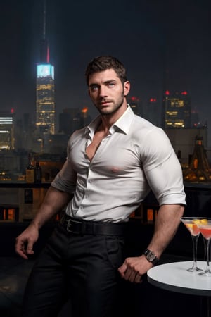 1boy, muscular chris redfield at a high-end rooftop bar, sipping a martini while gazing at the stunning city skyline at night, sharp focus, photo by mark rockwell, dark intense lighting, vibrant colors, (masterpiece), (detailed face), ((detailed eyes)), symmetric face, symmetric eyes, elegant black pants with belt, elegant white shirt, long beard, massive body hair,