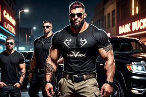 (masterpiece), handsome, arogant, smirk, young, bodyguard, bara, muscular, massive pecs, massive arms, long beard, ((full body black tribal tattoo)), short hair, black cargo pants with black belt, ((black slim bodyguard t-shirt)), sunglass,, ((detalied face)), ((detailed eyes)), night, black suv car in the background, night club entrance background, looking at viewer, Cinematic Lighting,Movie Still,colorful