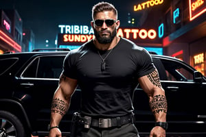 (masterpiece), handsome, arogant, smirk, young, bodyguard, bara, muscular, massive pecs, massive arms, long beard, ((full body black tribal tattoo)), short hair, black cargo pants with black belt, ((black slim bodyguard t-shirt)), sunglass,, ((detalied face)), ((detailed eyes)), night, black suv car in the background, night club entrance background, looking at viewer, Cinematic Lighting,Movie Still,colorful