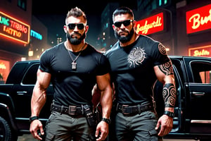 (masterpiece), handsome, arogant, smirk, young, bodyguard, bara, muscular, massive pecs, massive arms, long beard, ((full body black tribal tattoo)), short hair, black cargo pants with black belt, ((black slim bodyguard t-shirt)), sunglass,, ((detalied face)), ((detailed eyes)), night, black suv car in the background, night club entrance background, looking at viewer, Cinematic Lighting,Movie Still,colorful