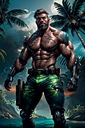 cyborg, handsome, cybernetic implants, detailed glowing eyes, muscles, scars on the body from assimilation by machines, nanotubes transmitting assimilation nanites inserted into their necks by a drone, heavily damaged tight tactical pants with tactical belt, topless, short beard, hairy, cybernetic arm, venis, light smoke, ((tropical island)), day, post-apocalyptic beach background, ((detailed face)), HDR, 8k, horror, photy by greg rutkowski,hairyalpha