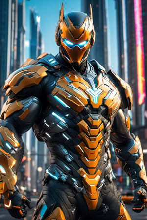 full body, facing camera, hero pose, looking at viewer, [Flash] 3D rendering, muscles, highly detailed eyes, perfect body, detailed with armor and neon cybernetics Light and black, day city background, intricately detailed , hdr, 8k, subsurface dispersion, specular lighting, high resolution, octane rendering, neon ray tracing,