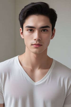  dewy skin, v-shaped jaw, pale   skin, straight eyebrows, and smooth skin brown eyes black hair  small face handsome dashing look ,full body pose at home 
,<lora:659095807385103906:1.0>