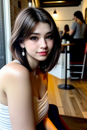 1girl, solo, looking at viewer, short hair, simple background, black hair, bare shoulders, brown eyes, jewelry, sitting at cafe collarbone, upper body, earrings, lips, realistic, nose, wearing leggings ,<lora:659111690174031528:1.0>