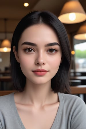  dewy skin, v-shaped jaw, pale skin, straight eyebrows, and smooth skin brown eyes black hair medium length small face  ,sitting at cafe ,<lora:659095807385103906:1.0>