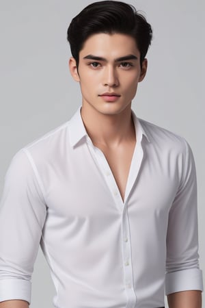  dewy skin, v-shaped jaw, pale   skin, straight eyebrows, and smooth skin brown eyes black hair  small face handsome dashing look ,full body pose white shirt and black pant ,<lora:659095807385103906:1.0>