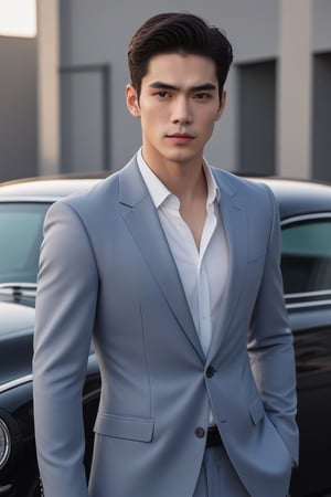  dewy skin, v-shaped jaw, pale   skin, straight eyebrows, and smooth skin brown eyes black hair  small face handsome dashing look ,full body Pose car at back  
,<lora:659095807385103906:1.0>