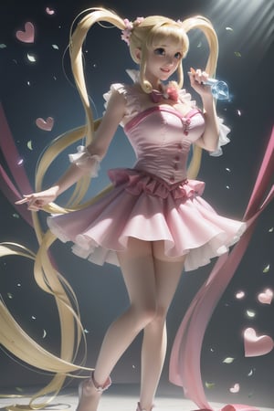 ((Skirt with short front and long back, large Heart-shaped twintails 2.0)), She wears pink weeding  dress , blond very long hair, large breasts, cute pose, large breasts, cleavage , blue eyes, (Masterpiece), full body shot, best quality, high resolution, highly detailed, detailed background, movie lighting, 1girl, idol, underbust, stage, stage lights, music, blush, sweet smile, sweat, concert, ruffles, confetti, hearts, hair accessories, hair bows, gems, jewelry, neon lights , bow tie , pointing, spotlight, sparkles, light particles, frame breasts, cross lace,floral dress,hmnl