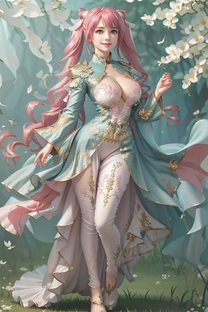  ((She has pink long hair, twintails, she revealing light pink-white dress, Heavy armor 2.0)), sleeveless, happy expression, aqua eyes,  large breasts, cleavage , green eyes, (Masterpiece), full body shot, best quality, high resolution, highly detailed, detailed background, underbust,ryuubi,blue_china_dress,QIPAO
,floral dress,LAColdFury,GAME_Archeage_ownwaifu
