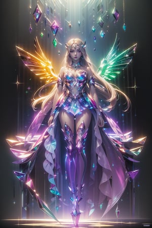 (masterpiece, top quality, best quality, official art, beautiful and aesthetic:1.2),full body,1 girl wearing a transparent bodysuit made of azure crystal,suspended in air,hovering,a pair of huge pink crystal wings,nubela,(iridescent,vivid fancy neon color),holo glowing rainbow color long hair,,chinese dress