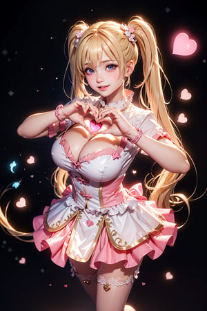 ((Childlike face and big breasts, heart hands, large Heart-shaped twintails,  She wears pink-white business attire, blond very long hair, large breasts 2.0)), cute pose, large breasts, cleavage , blue eyes, (Masterpiece), full body shot, best quality, high resolution, highly detailed, detailed background, movie lighting, 1girl, idol, underbust, stage, stage lights, music, blush, sweet smile, sweat, concert, ruffles, confetti, hearts, hair accessories, hair bows, gems, jewelry, neon lights , bow tie , pointing, spotlight, sparkles, light particles, frame breasts, cross lace,floral dress,hmnl