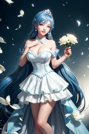 ((mini skirt, Holding flowers in both hands, White arms, white thighs and calves, She wears Princess dress, tiara , blue very long hair, large breasts 2.0)), cute pose, large breasts, cleavage , blue eyes, (Masterpiece), full body shot, best quality, high resolution, highly detailed, detailed background, movie lighting, 1girl, idol, underbust, stage, stage lights, music, blush, sweet smile, sweat, concert, ruffles, confetti, hearts, hair accessories, hair bows, gems, jewelry, neon lights , bow tie , pointing, spotlight, sparkles, light particles, frame breasts, cross lace,floral dress,hmnl,wrenchfaeflare